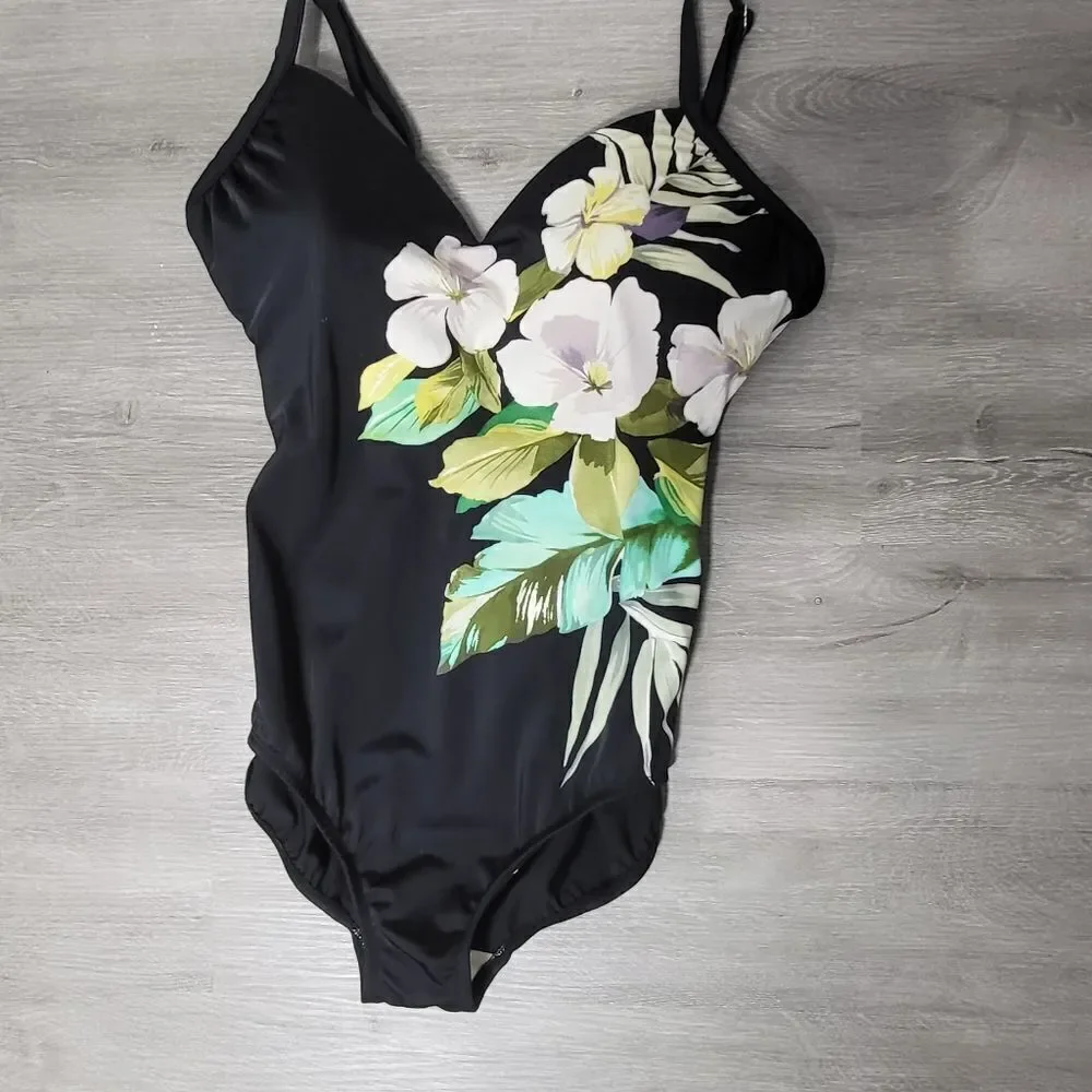 Plus Size Black & Green Flowered One Piece Swimsuit